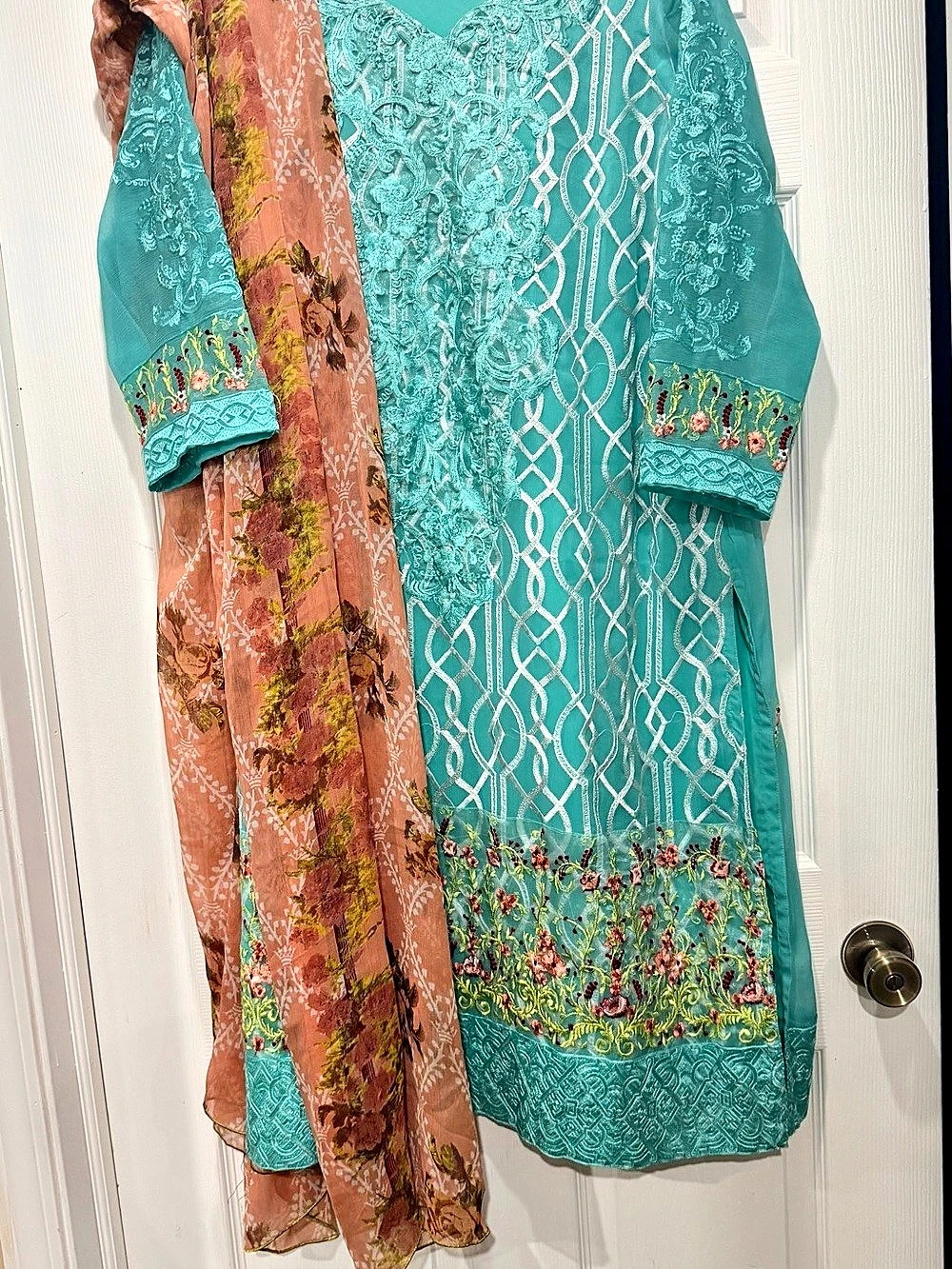 Pakistani outfit Embroidered Turquoise outfit with elegant embroidery and printe
